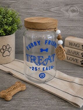 Farmhouse Glass Dog Treat Jar with Wooden Lid | Blue Lettering | Brand New